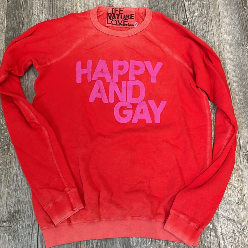 FREECITY (szXS) Happy And Gay Raglan Sweatshirt in hot red w/pink and gray
